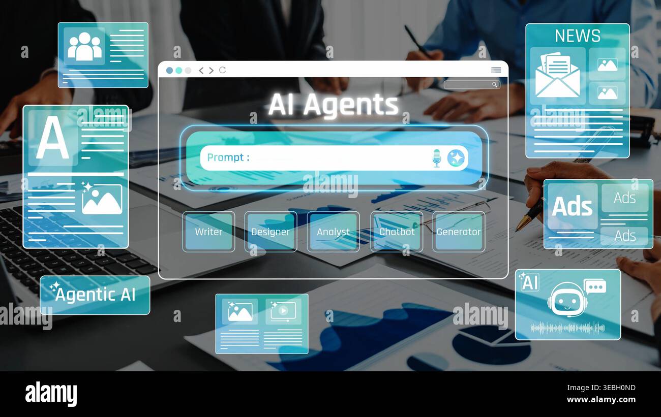 Agenti di intelligenza artificiale innovativi e assistenti digitali per la creazione, l'analisi, il marketing e la progettazione di contenuti in un ambiente di lavoro moderno Sigmoid Foto Stock
