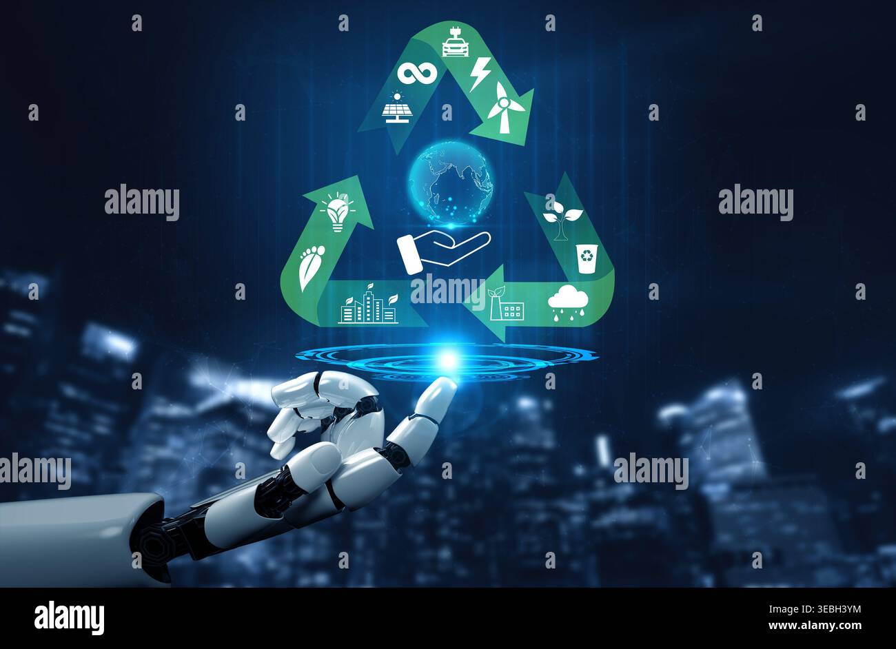 Robot futuristico che interagisce con i simboli di riciclaggio globale e i concetti di sostenibilità in un Quark di sfondo urbano scuro. Foto Stock
