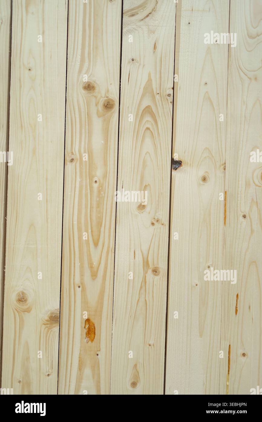 Tavole di legno di colore chiaro disposte verticalmente, che mostrano grana e nodi naturali. Texture di sfondo ideale per la costruzione, l'interior design o. Foto Stock