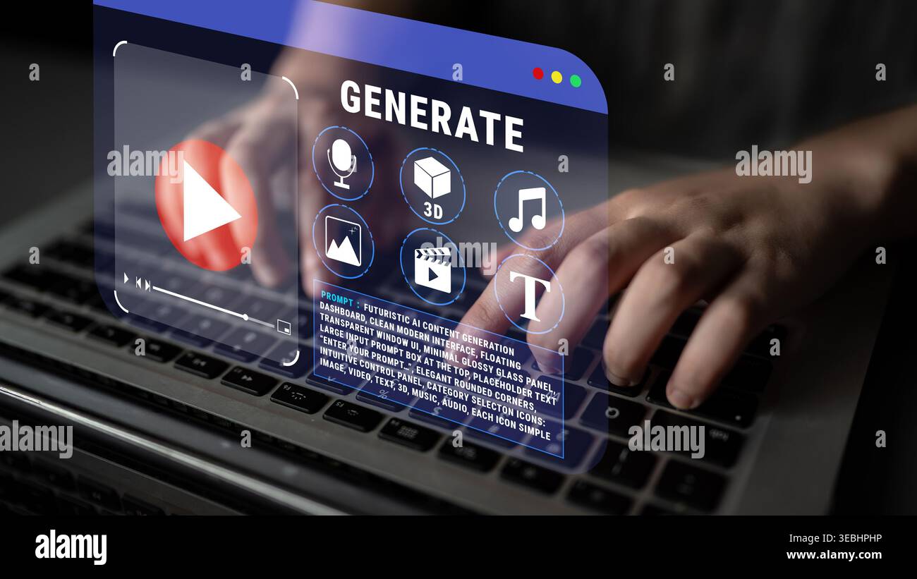 Digitazione manuale sulla tastiera del notebook e utilizzo di software di editing video con vari strumenti digitali, tra cui musica, immagini e generazione di testo Foto Stock