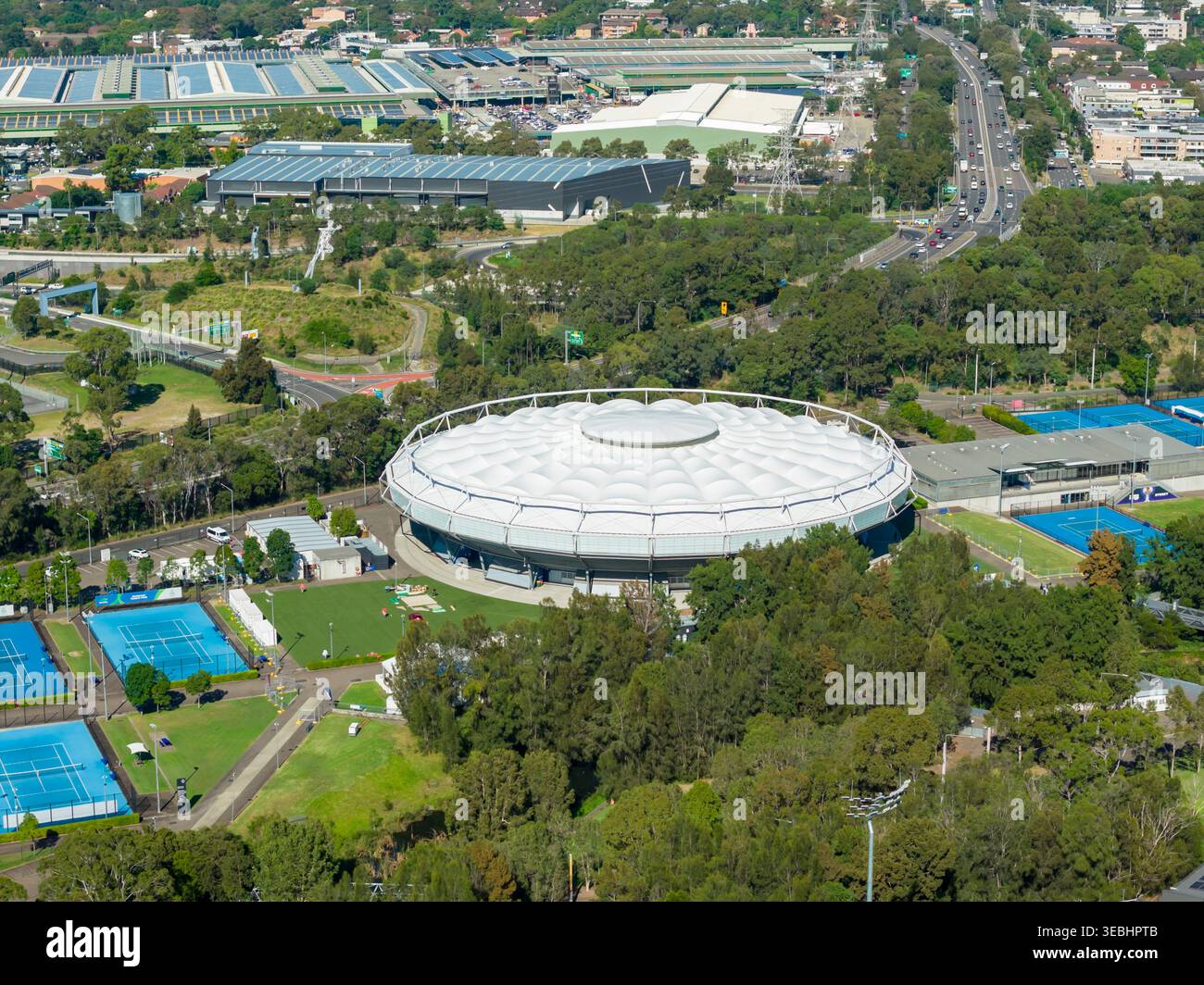 Fotografia aerea del centro di tennis Ken Rosewall Arena nel sobborgo di Sydney, nel New South Wales, Australia Foto Stock
