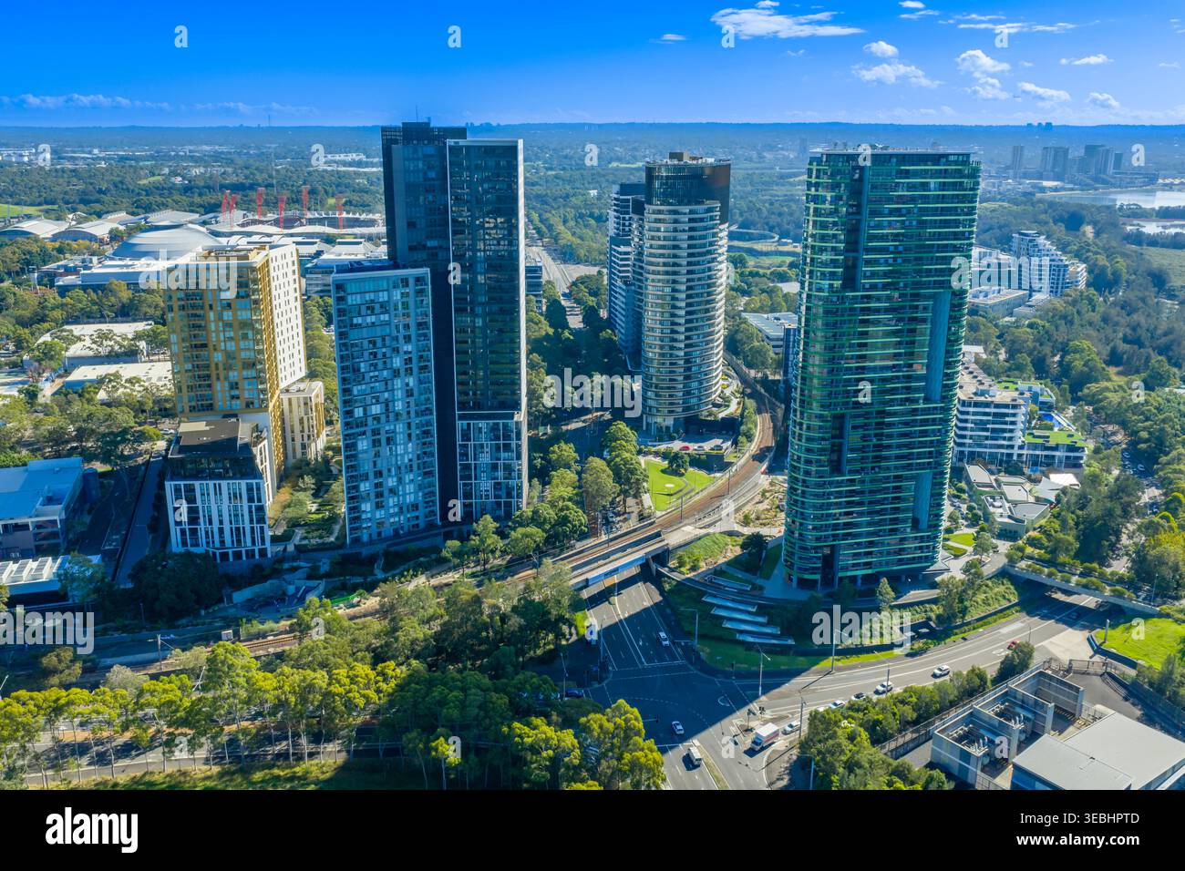 Fotografia aerea di alti edifici residenziali nel Sydney Olympic Park, nel sobborgo di Sydney Ovest, nel Sydney Olympic Park a New so Foto Stock