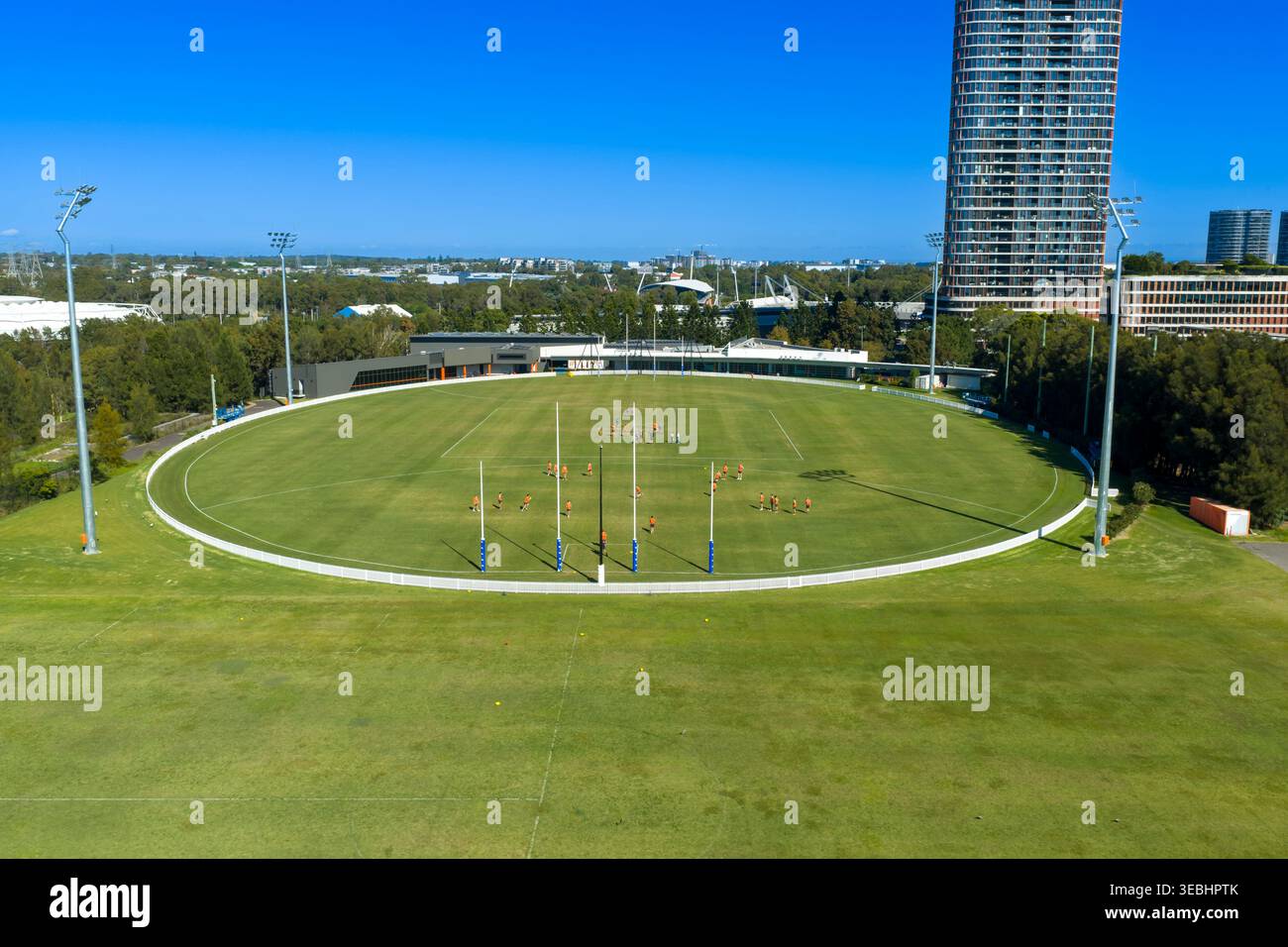 Fotografia aerea di Tom Willis Football Oval nel sobborgo Greater Western Sydney del Sydney Olympic Park nel nuovo Galles del Sud, Australia Foto Stock