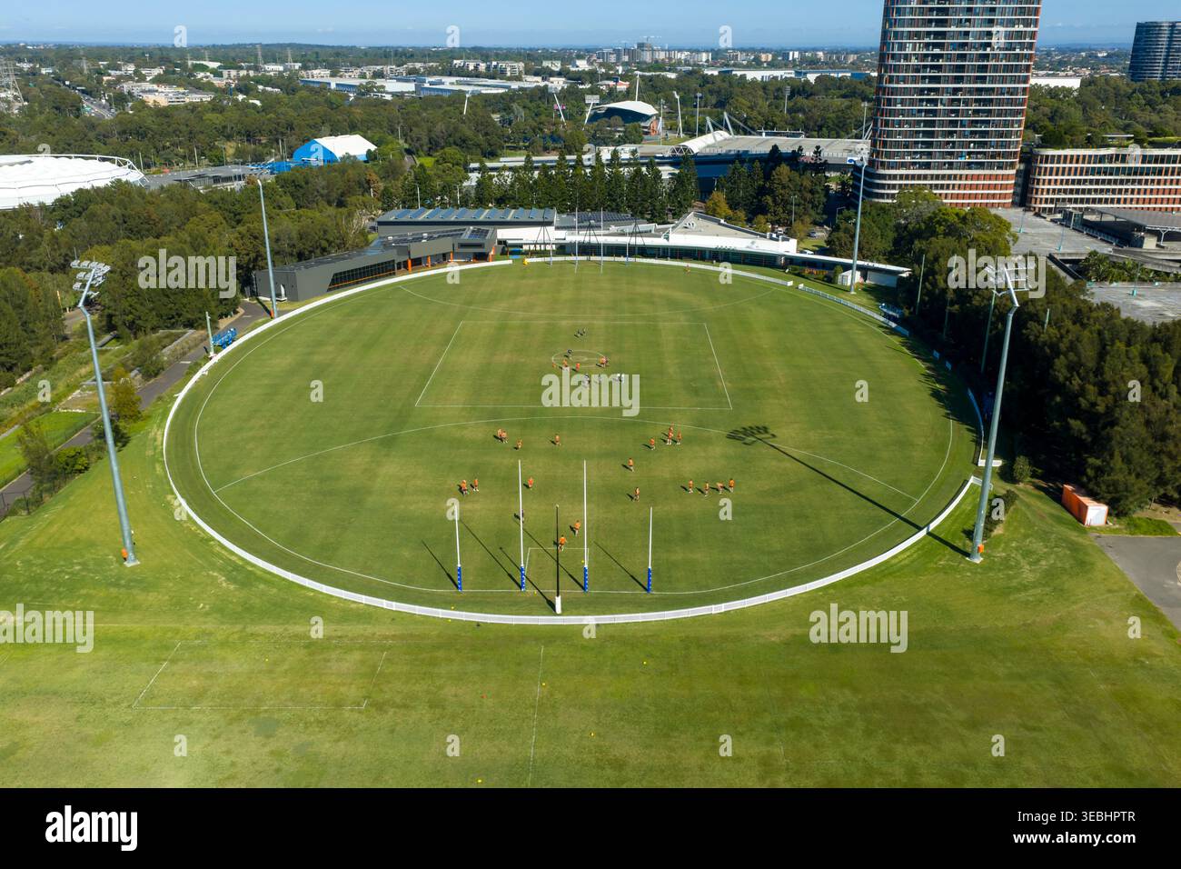 Fotografia aerea di Tom Willis Football Oval nel sobborgo Greater Western Sydney del Sydney Olympic Park nel nuovo Galles del Sud, Australia Foto Stock