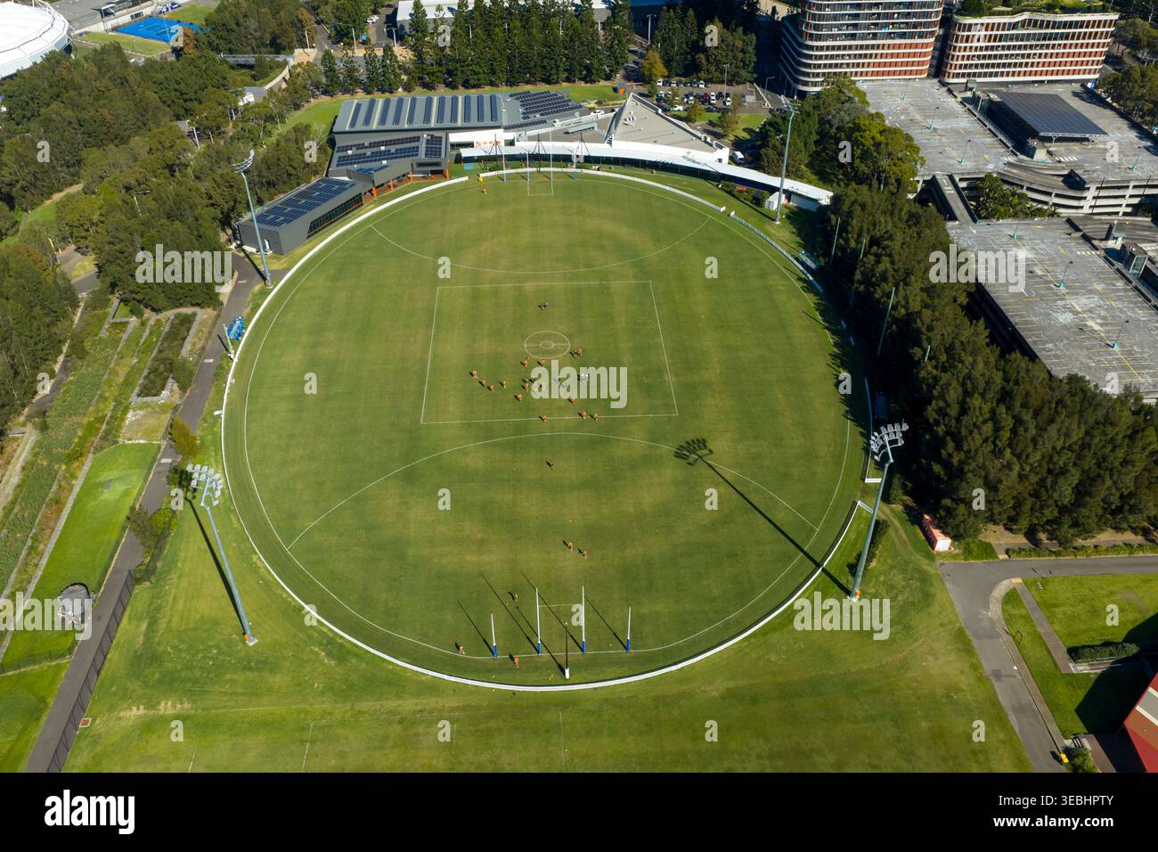 Fotografia aerea di Tom Willis Football Oval nel sobborgo Greater Western Sydney del Sydney Olympic Park nel nuovo Galles del Sud, Australia Foto Stock