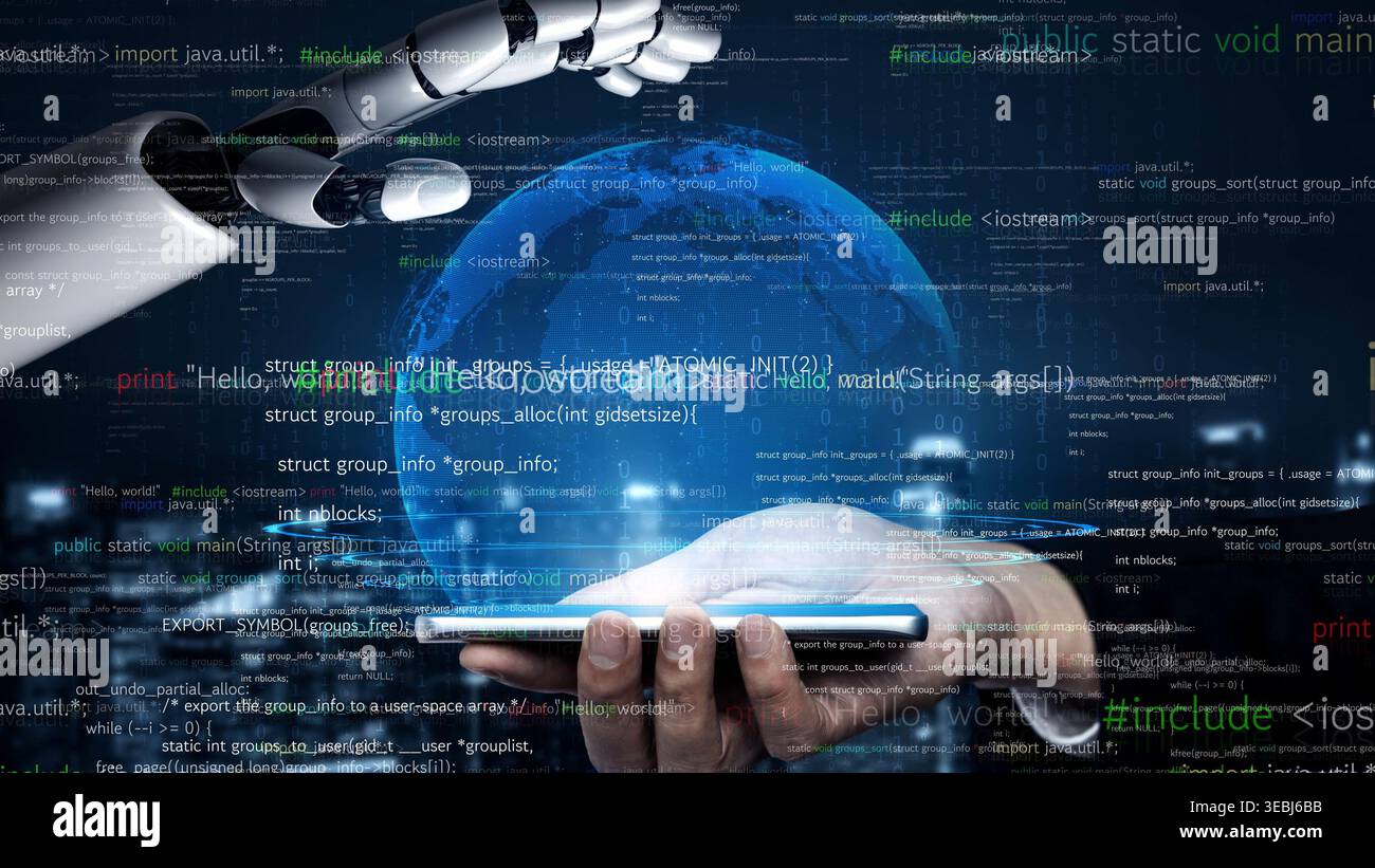 Una mano robotica raggiunge un globo digitale mentre una mano umana tiene uno smartphone, rappresentando visivamente l'intersezione tra tecnologia, innovazione e e. Foto Stock