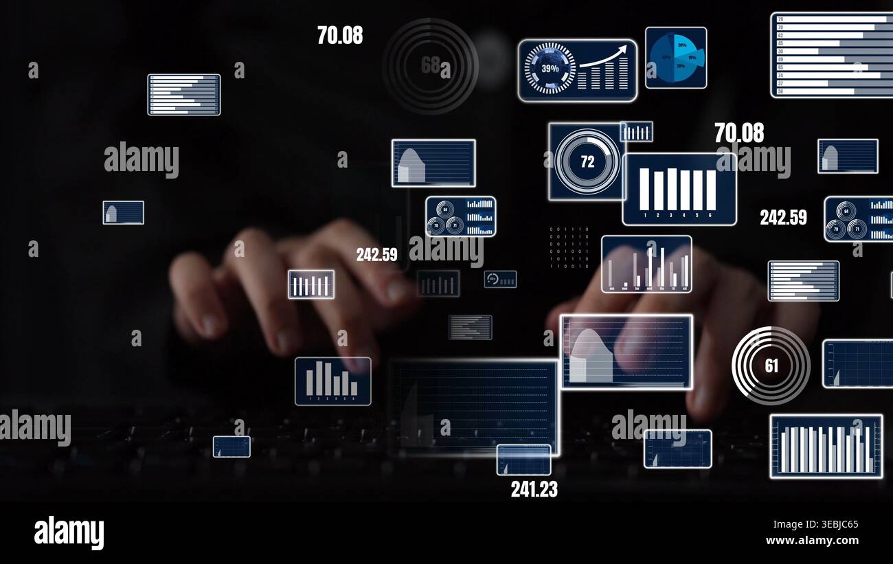 Una persona interagisce con una tastiera circondata da grafici e metriche digitali fluttuanti, che rappresentano l'importanza dell'analisi dei dati nelle aziende e. Foto Stock