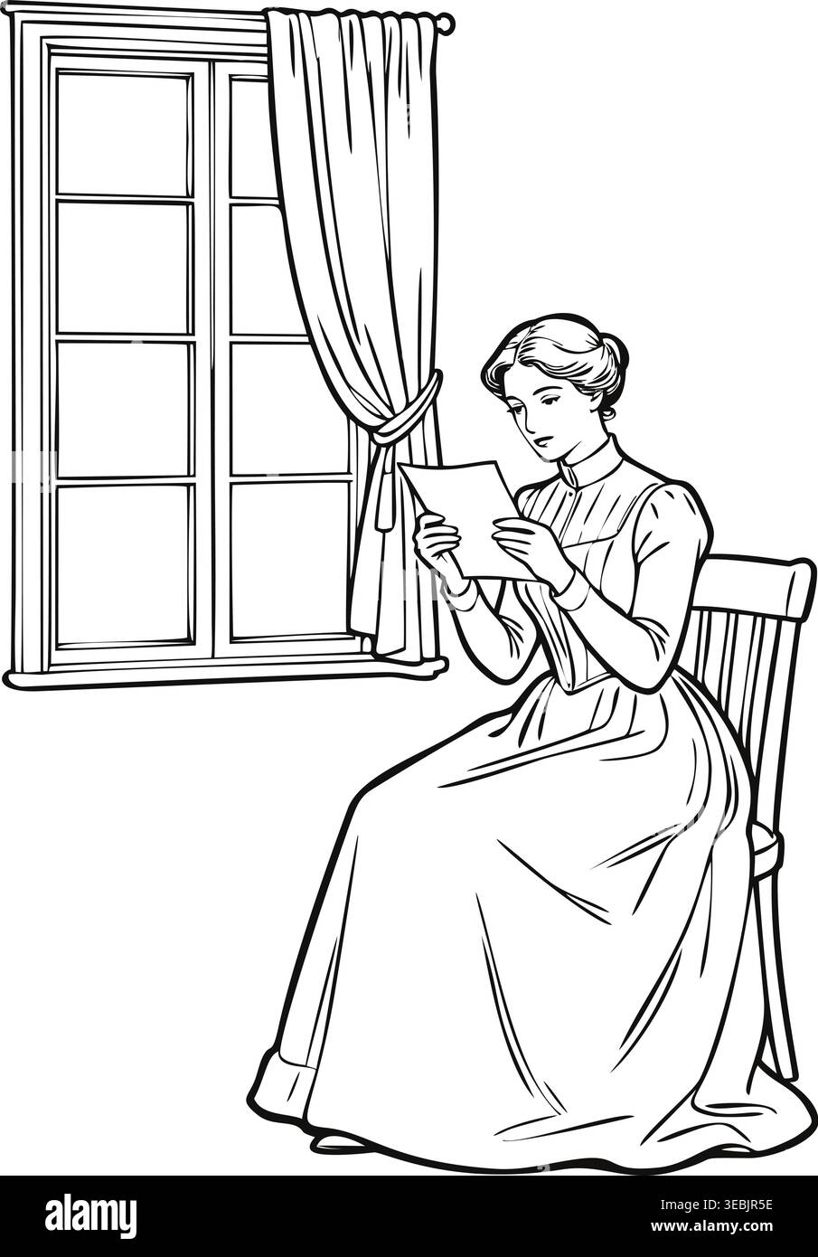 Donna vittoriana seduta accanto a una finestra che legge una lettera, illustrazione storica di una donna con un abito lungo Illustrazione Vettoriale