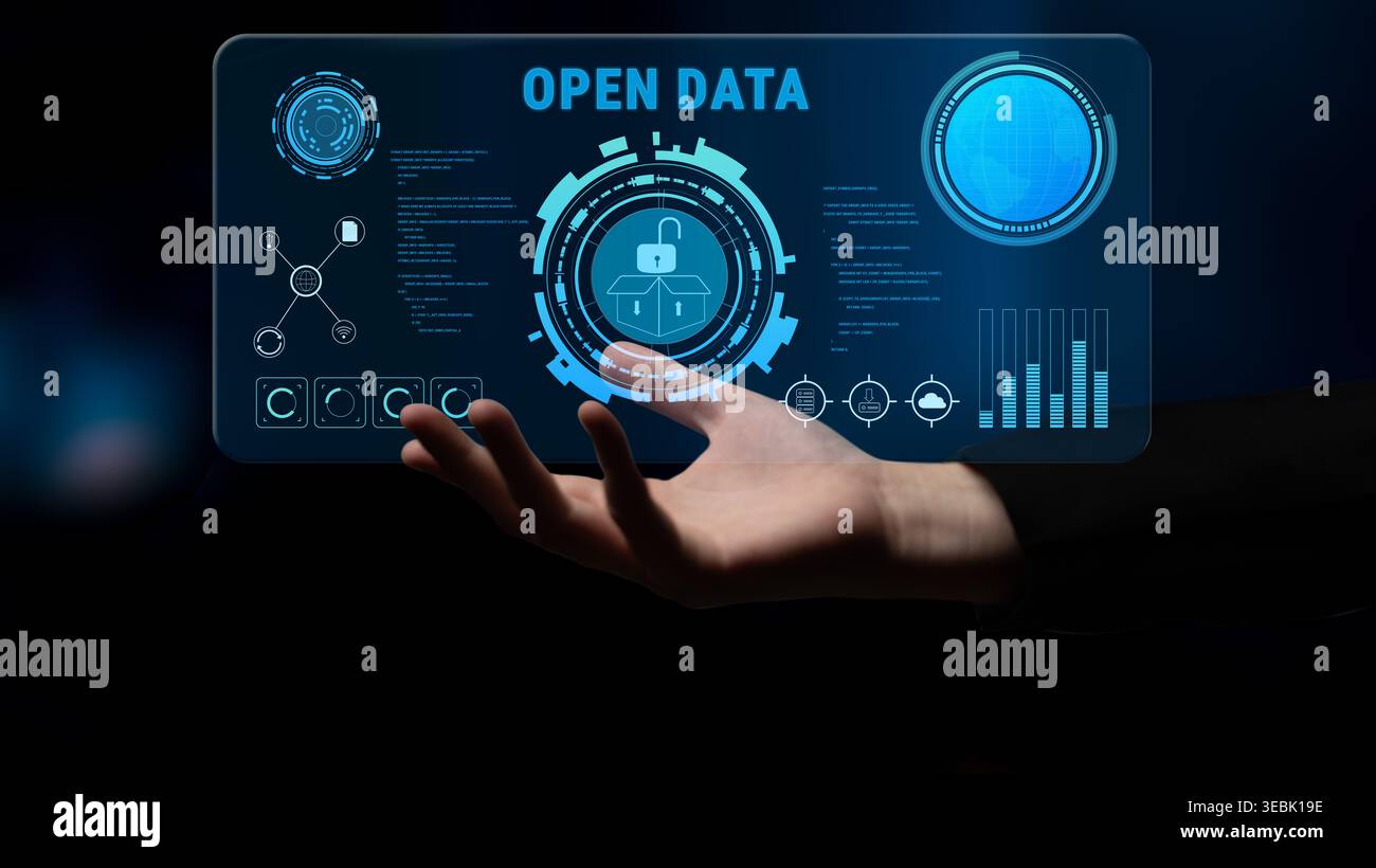Il concetto di dati aperti per l'informazione pubblica e la trasparenza del governo. Un dashboard per l'accesso e la condivisione di dati aperti gratuiti per la collaborazione Foto Stock