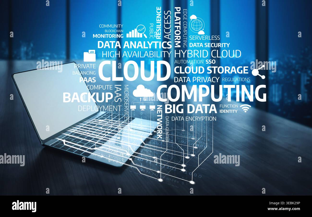 Un elegante notebook su una scrivania di legno circondato da termini relativi al cloud computing, all'analisi dei dati e all'innovazione tecnologica, che simboleggiano il digitale moderno Foto Stock