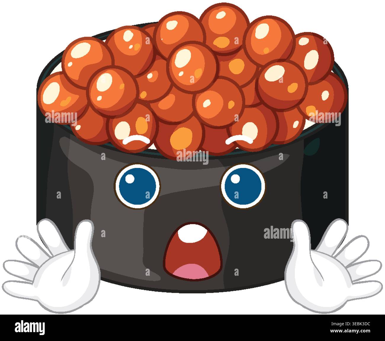 Illustrazione vettoriale di un sushi ikura con occhi grandi e bocca aperta Illustrazione Vettoriale