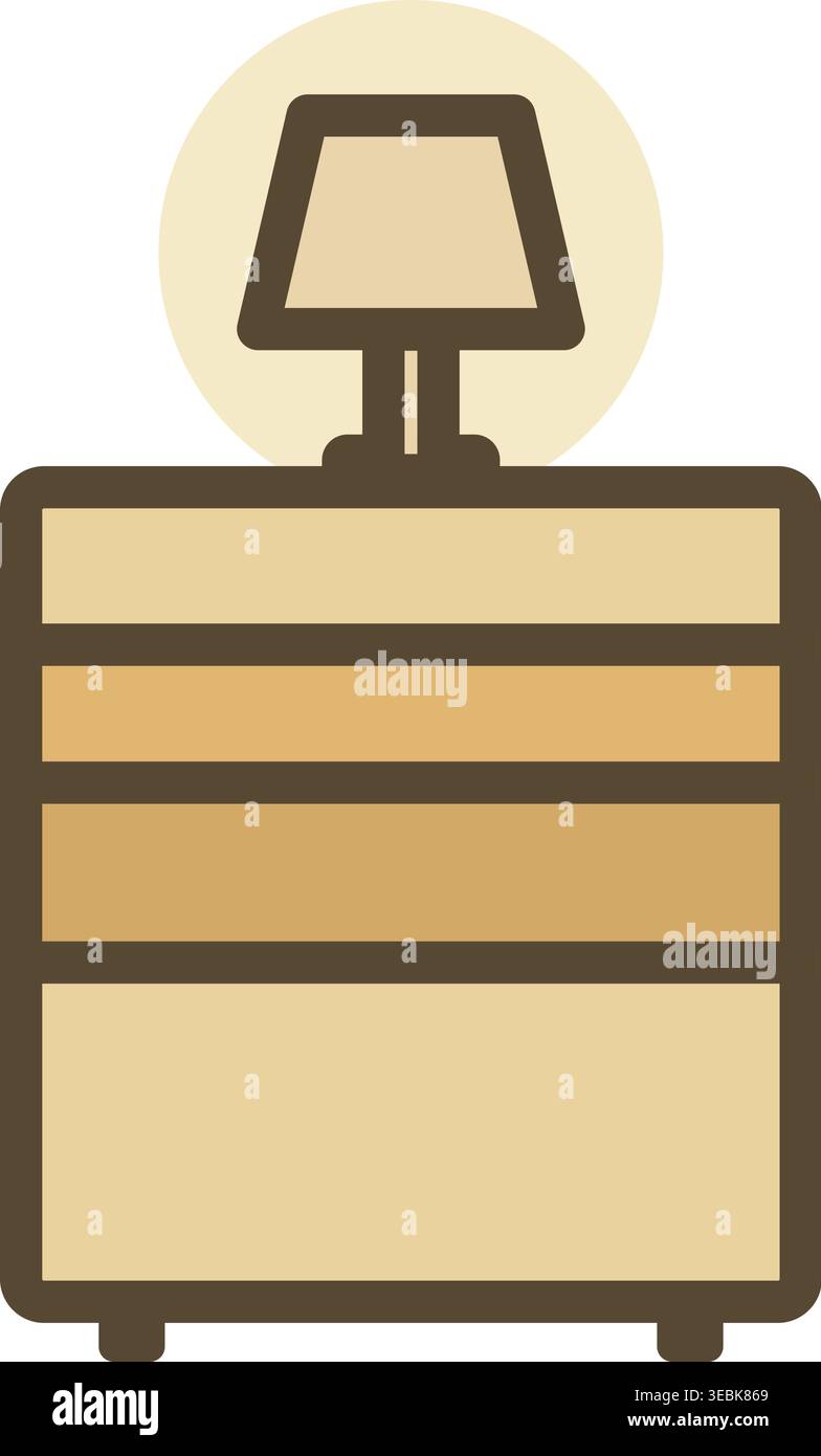 Semplice illustrazione di un comodino con cassetti e una lampada posizionata sulla parte superiore Illustrazione Vettoriale