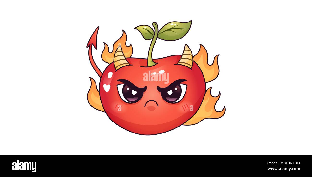 Il personaggio della mascotte Devil Cherry con corni fuochi e coda isolati su sfondo bianco Illustrazione Vettoriale