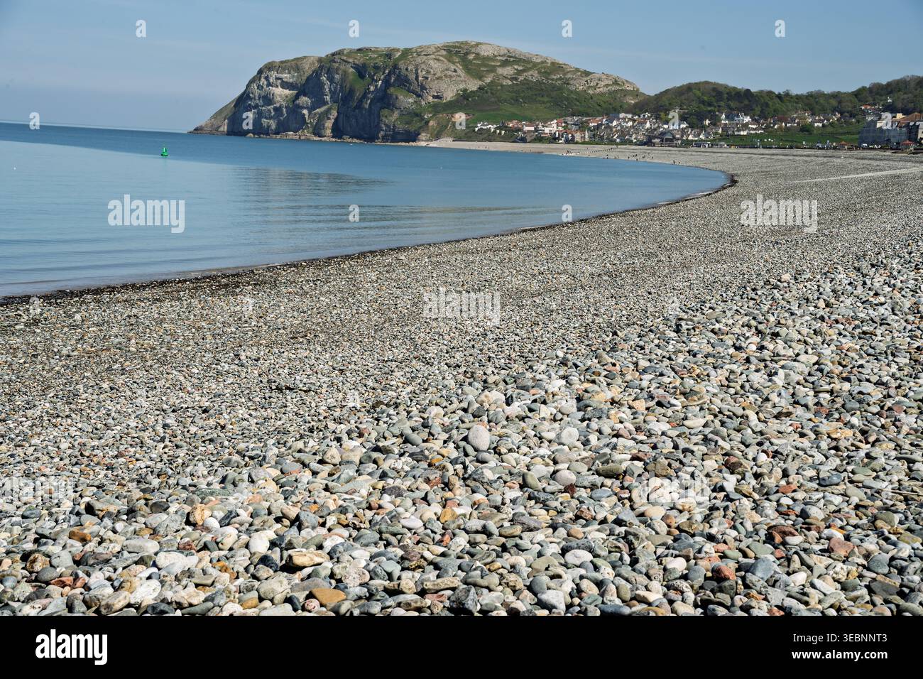 Sotto un cielo azzurro, ciottoli lisci fiancheggiano una tranquilla baia di Llandudno con la collina Little orme sullo sfondo. Foto Stock