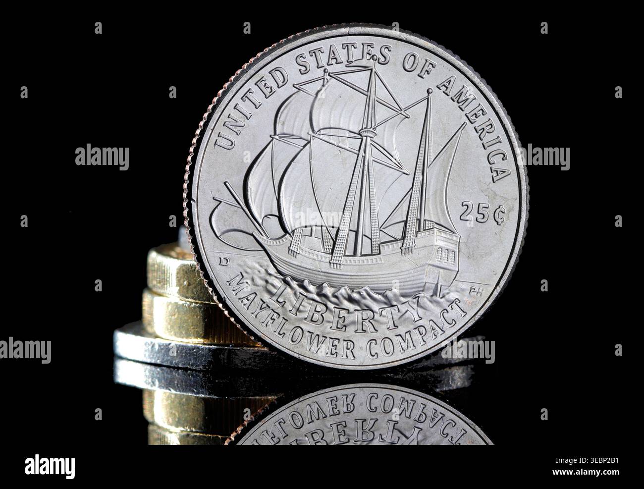 Questo è un quartiere commemorativo degli Stati Uniti con la nave Mayflower, che celebra il 400° anniversario della firma del Mayflower Compact. Foto Stock
