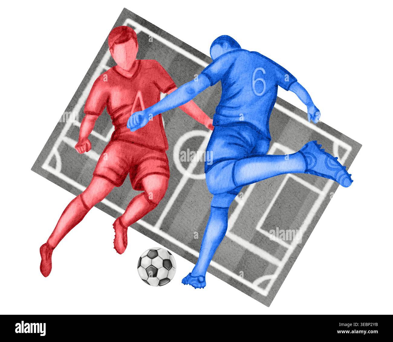 Illustrazione acquerello di due giocatori di calcio in uniforme rossa e blu che competono per il pallone. Azione dinamica delle partite di calcio isolata sullo sfondo bianco Foto Stock