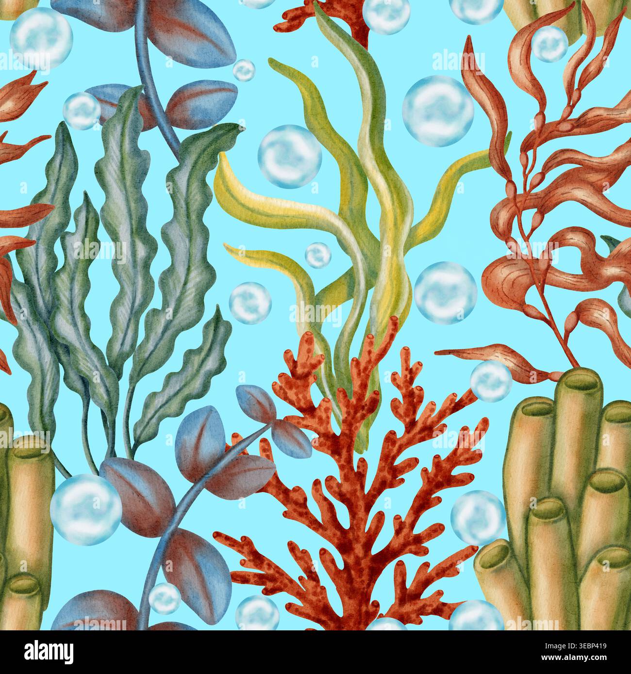 Motivo ad acquerello senza cuciture con varie piante subacquee, alghe, coralli rossi e bolle blu. Temi per bambini, nautica, viaggi. Vestito Foto Stock