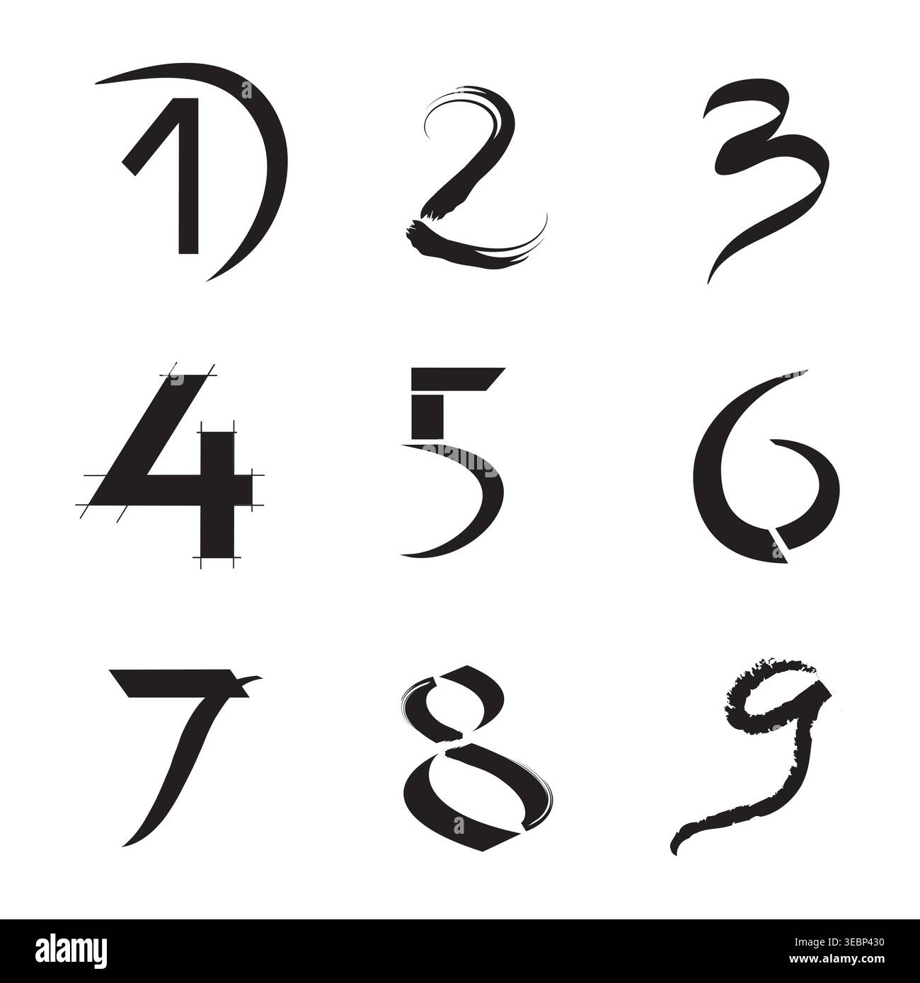 Set di icone e numeri degli elementi con logo cifre da 1 a 9 - vettore colori bianco e nero Illustrazione Vettoriale