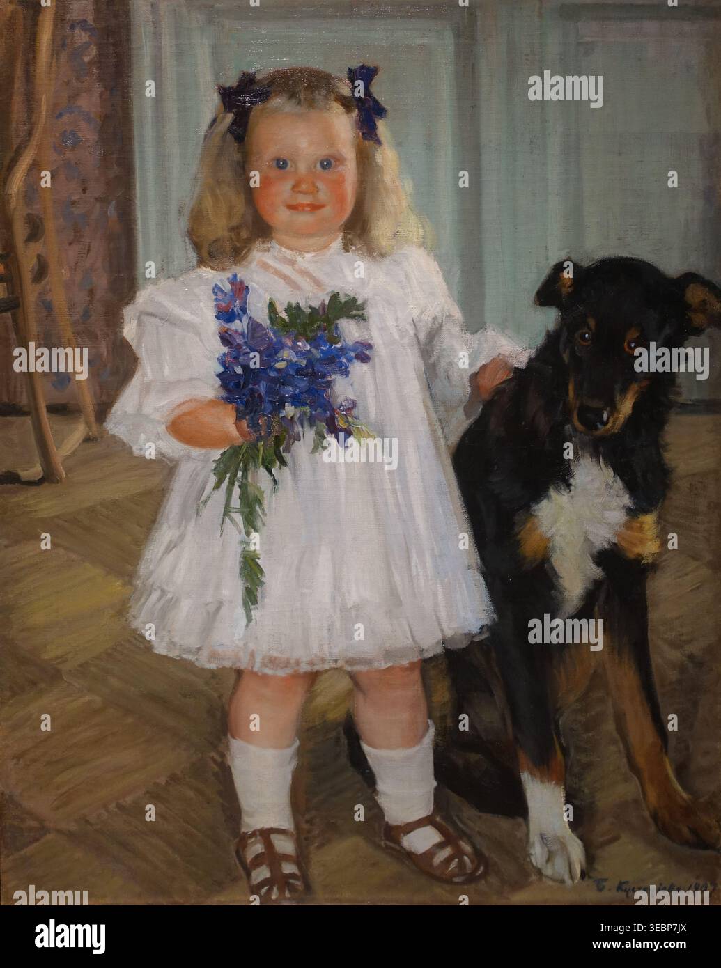 Ragazza con un cane. Ritratto di Irina Kustodieva con il suo cane di nome Shumka. 1907. Kustodiev Boris Mikhailovich (1878-1927). Olio su tela. Museo d'arte regionale di Samara. Foto Stock