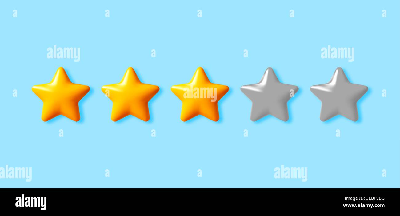 3D tre stelle dorate e due stelle grigie su blu. Illustrazione Vettoriale