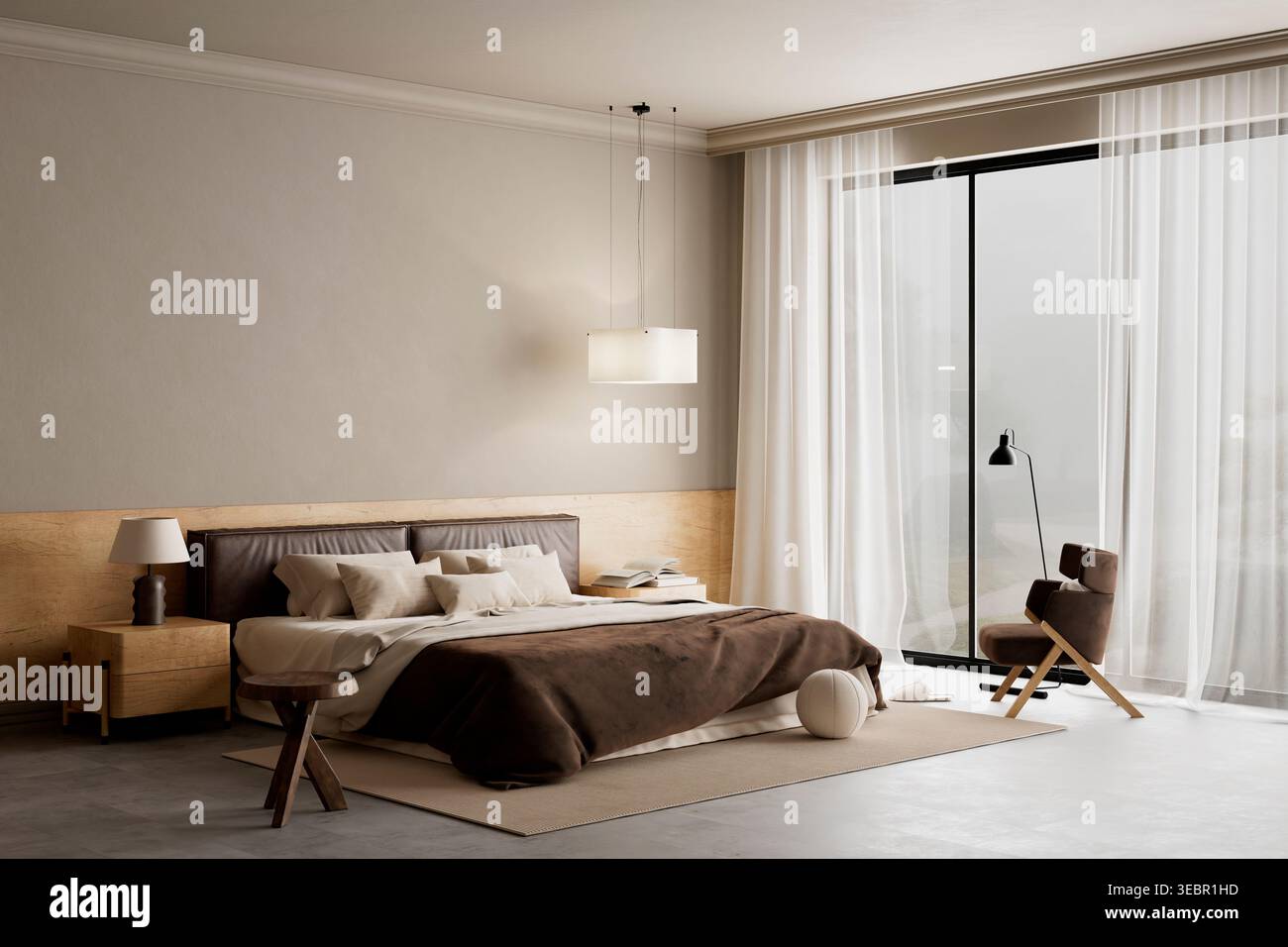 Camera moderna con letto marrone, tonalità neutre e design minimalista di lusso combinato con illuminazione naturale che crea un'atmosfera pulita e contemporanea. Foto Stock