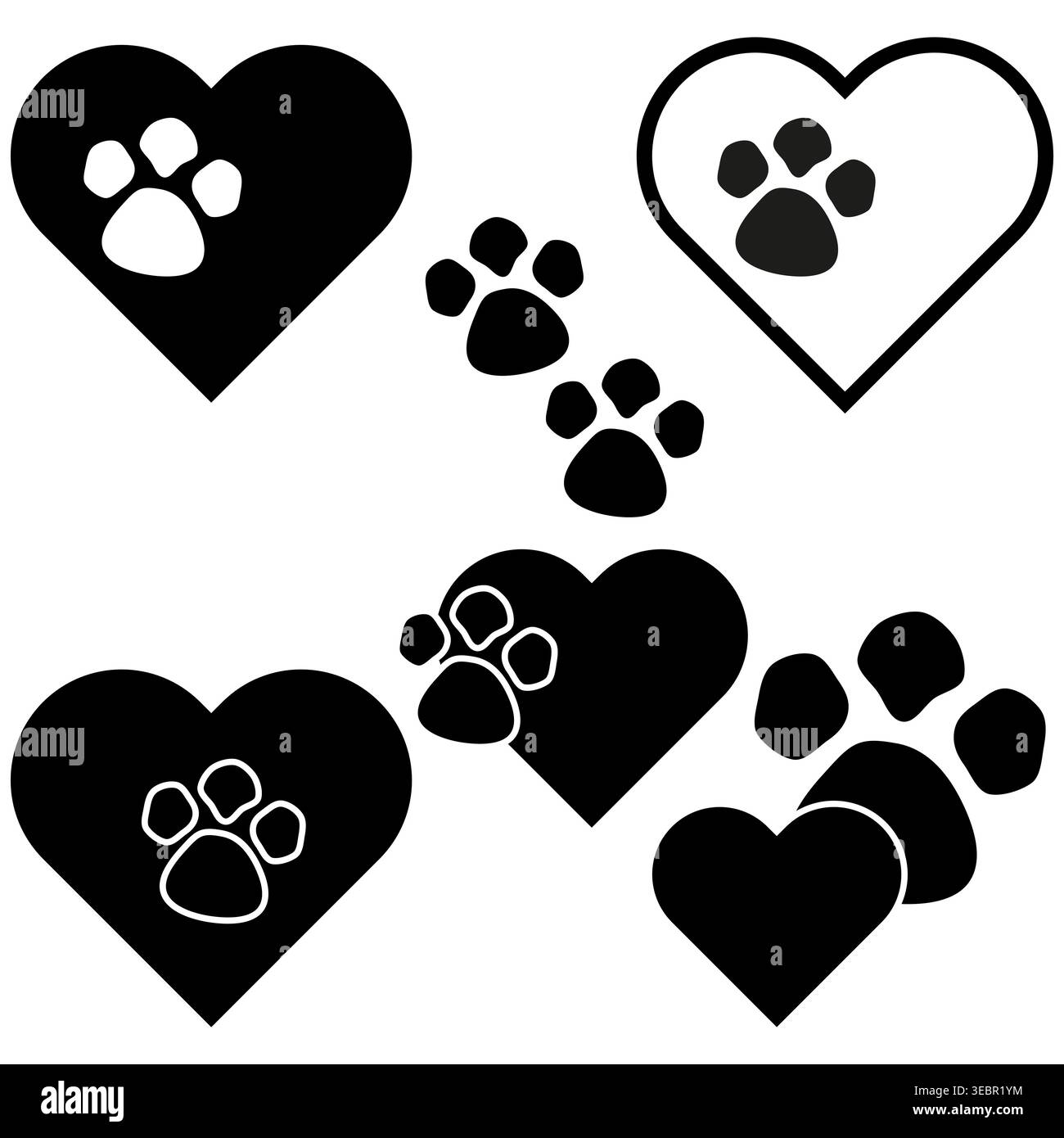 Cuori e zampa stampano la collezione di icone vettoriali per la cura degli animali. Perfetto per il branding di negozi di animali domestici, rifugi e design di app veterinarie. EPS 10. Illustrazione Vettoriale