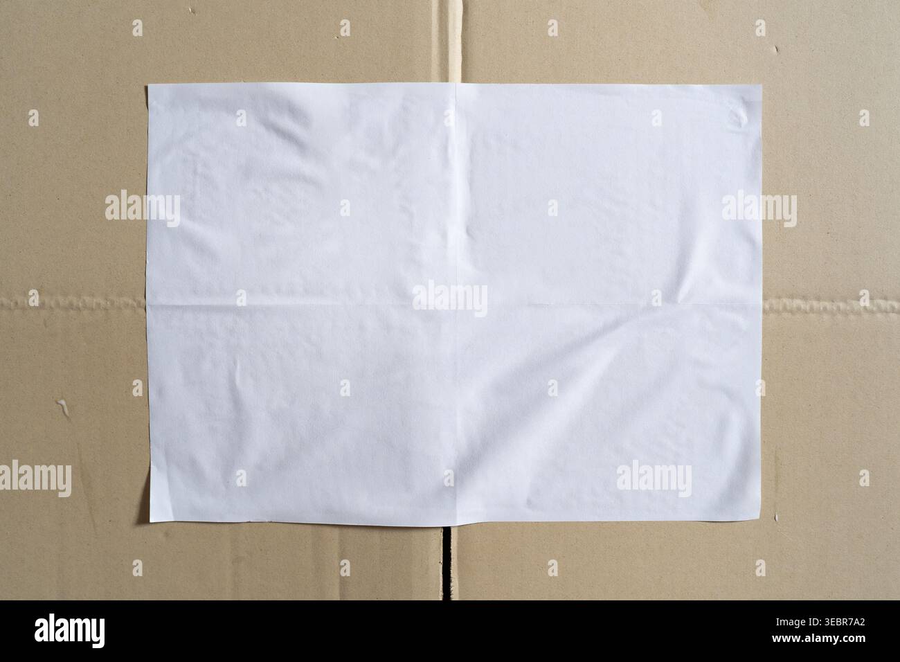 Mockup bianco vuoto incollato su cartone ondulato marrone Foto Stock