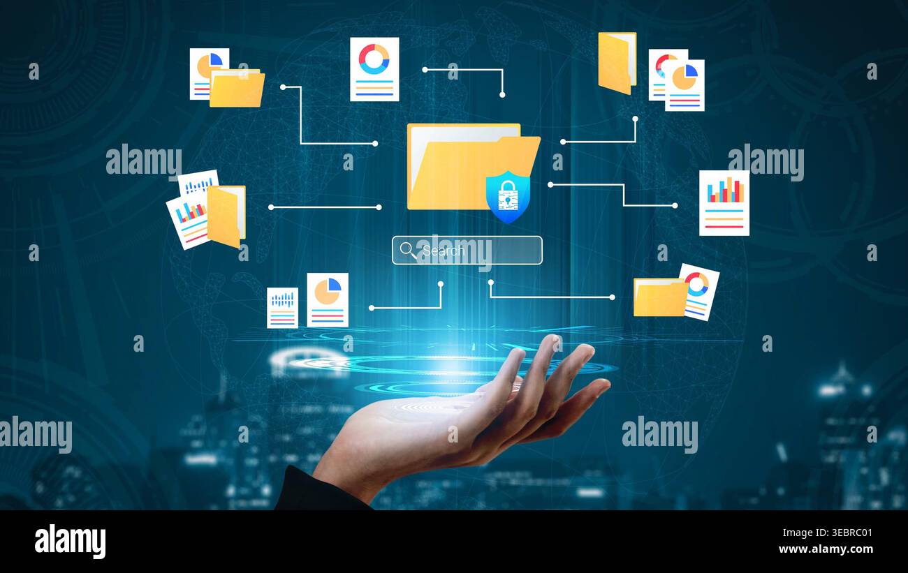 Futuristico sistema di gestione dei dati con barra di ricerca Virtual Hand Holding e interfaccia grafica per l'organizzazione di Digital Information Gluon. Foto Stock
