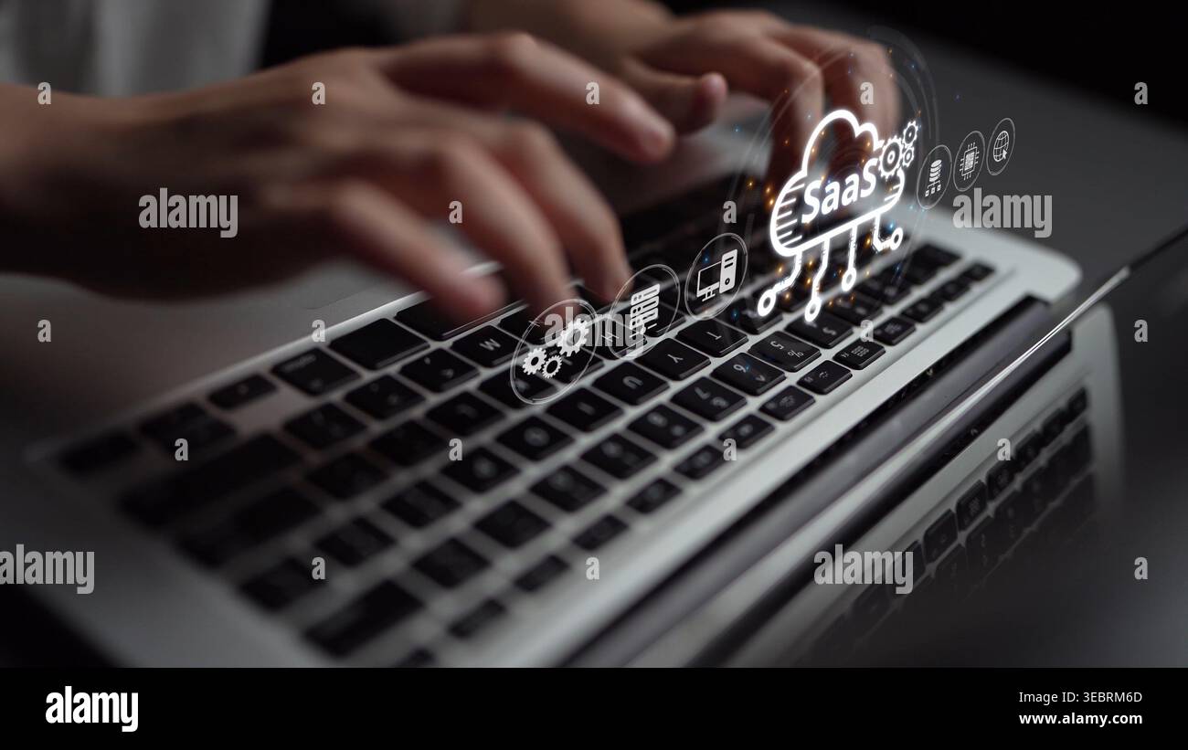Rappresentazione visiva di SaaS che mostra l'infrastruttura, la distribuzione SaaS, le funzionalità della piattaforma SaaS e il modello di integrazione SaaS in ambiente digitale Foto Stock