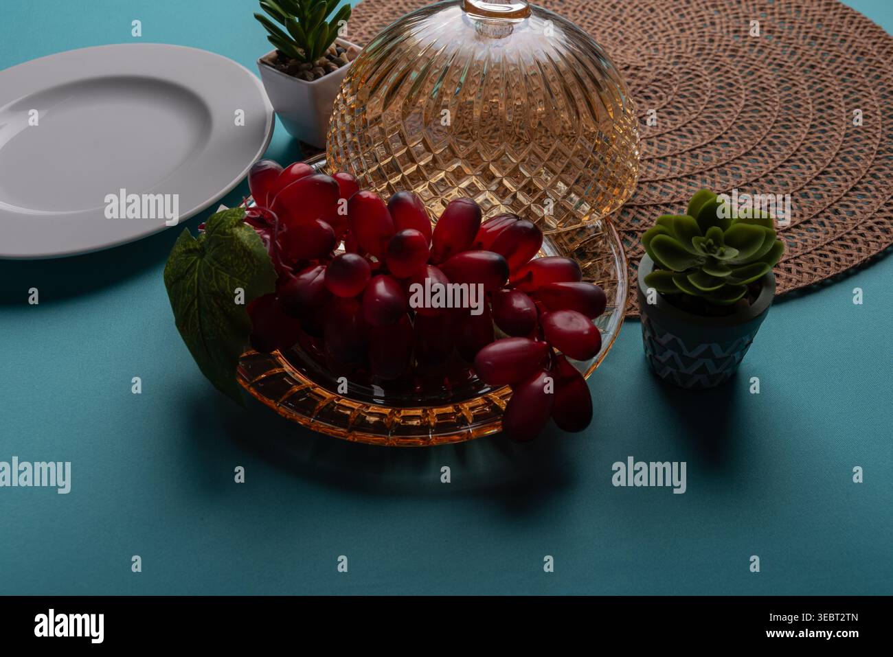 STILL Life ad angolo elevato con una configurazione minimalista. Uva rossa servita sotto un cappotto di vetro, completata da piante succulente; spillata a bassa profondità Foto Stock