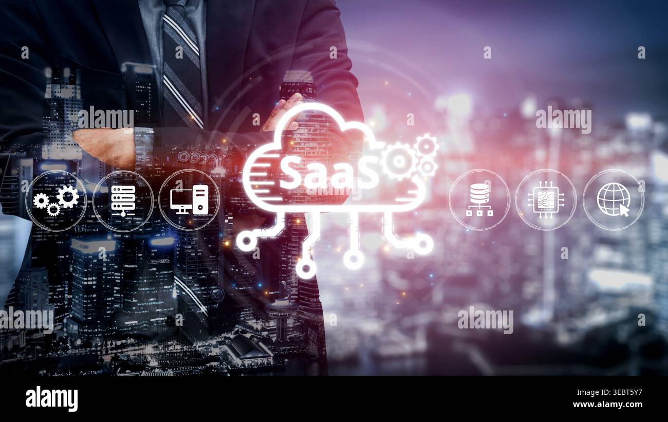 Rappresentazione visiva di SaaS che mostra l'infrastruttura, la distribuzione SaaS, le funzionalità della piattaforma SaaS e il modello di integrazione SaaS in ambiente digitale Foto Stock