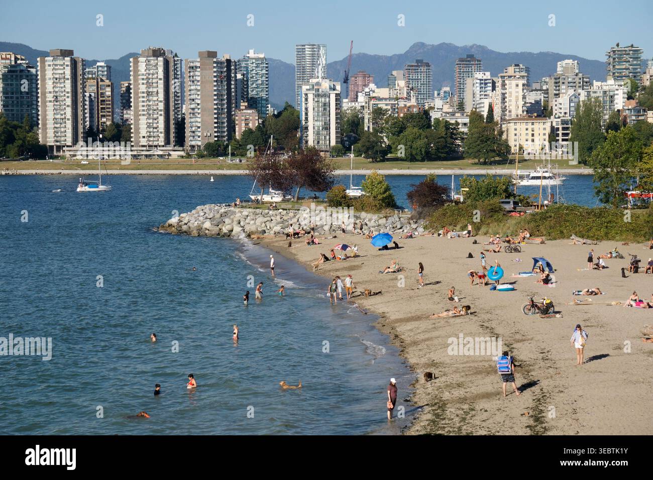 Persone che prendono il sole e nuotano a Hadden Beach con English Bay e lo skyline del West End da Hadden Park, Kitsilano, Vancouver, BC, Canada Foto Stock