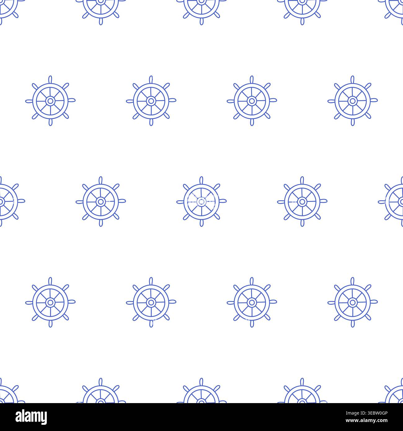Motivo senza cuciture con ruote navali in stile linea blu su sfondo bianco. Contorno stampa nautica. Illustrazione Vettoriale