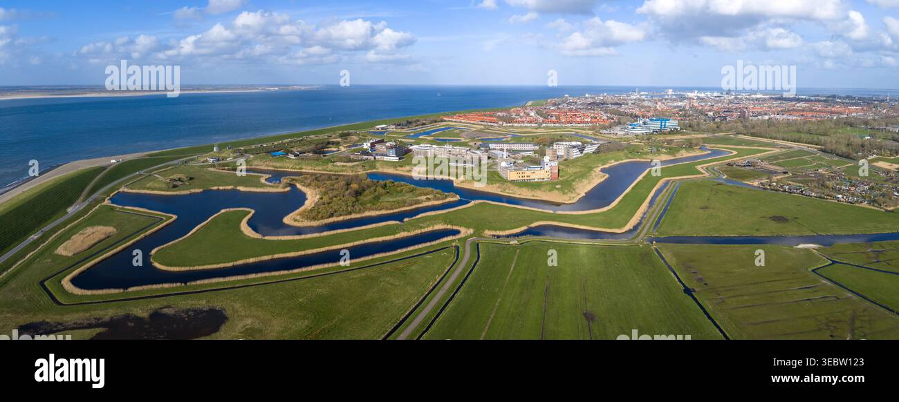 Fort Kijkduin Den Helder Panoramic Aerial Star Fortress City Mare del Nord Texel Paesi Bassi Olanda settentrionale Foto Stock
