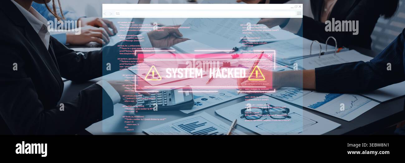 Avviso di violazione della sicurezza del computer con messaggio di violazione del sistema visualizzato sullo sfondo delle riunioni aziendali con grafici e grafici di dati su tabella trope. Foto Stock