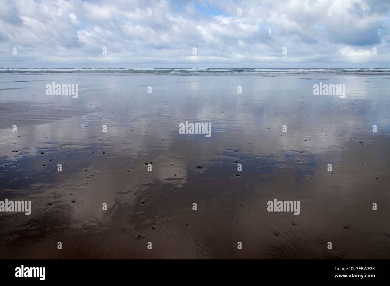 Le nuvole e il cielo nuvoloso della costa si riflettono nelle sabbie lisce e bagnate di Stonefield Beach lungo la costa dell'Oregon. Foto Stock