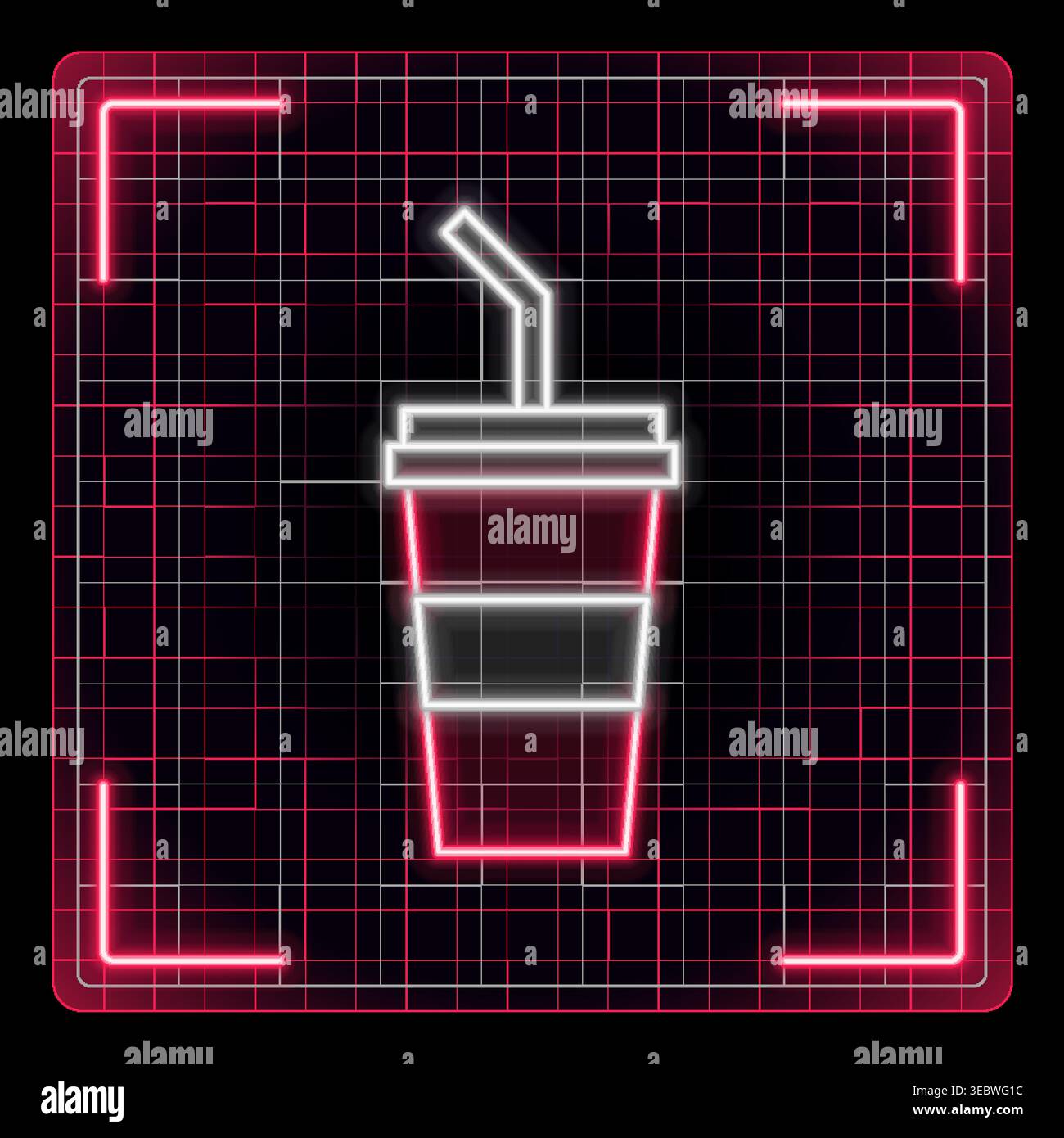 Tazza di plastica con cannuccia, bevanda con il simbolo della bibita o tazza di cola. Collezione di icone futuristiche Cyber-neon, tratti modificabili in stile grafico. Illustrazione Vettoriale