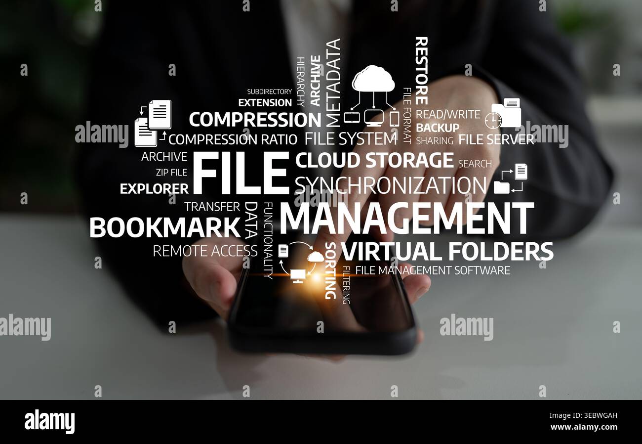 Una panoramica pratica dei concetti di gestione dei file visualizzati su uno smartphone, con archiviazione e sincronizzazione su cloud. Rappresentazione perfetta del digitale Foto Stock