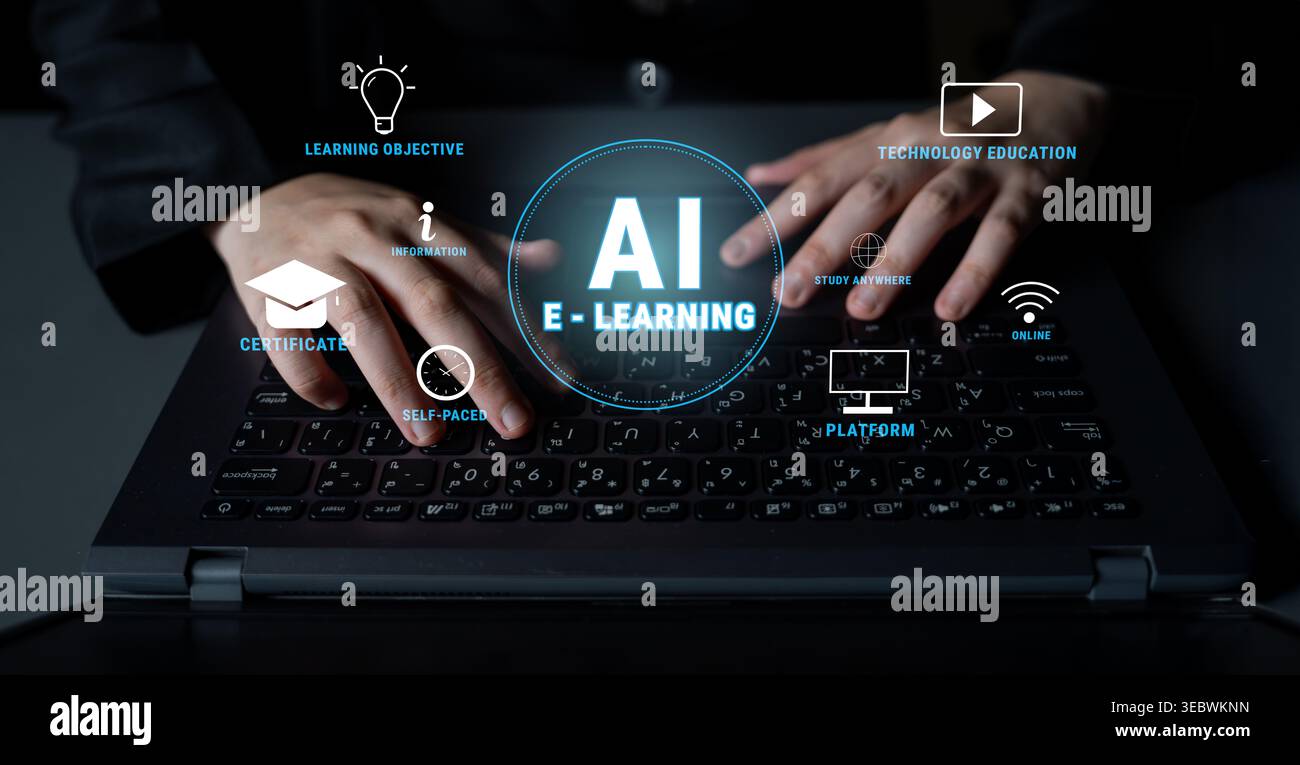 Il ruolo dell'intelligenza artificiale nell'e-Learning per un'istruzione online personalizzata. Una piattaforma di apprendimento adattivo con corsi di autoapprendimento e formazione tecnologica. Motivo Foto Stock