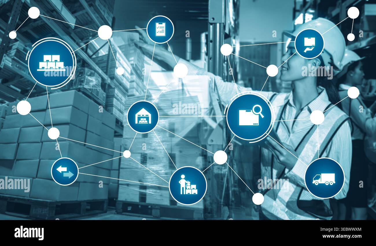 Sistema di gestione intelligente del magazzino con tecnologia innovativa dell'Internet delle cose per identificare il prelievo e la consegna delle confezioni . Futuro concetto di fornitura Foto Stock