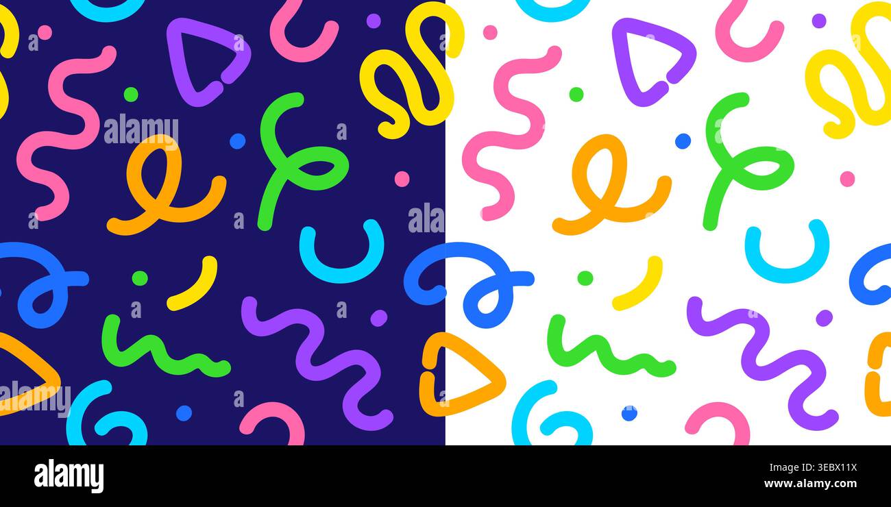 I bambini sfrecciano sullo sfondo senza cuciture con forme astratte. disposizione dinamica vettoriale di scarabocchi, scarabocchi, ricci o torsioni. Zigzag, vortici e anelli per carta da parati, stampa tessile o sfondo Illustrazione Vettoriale