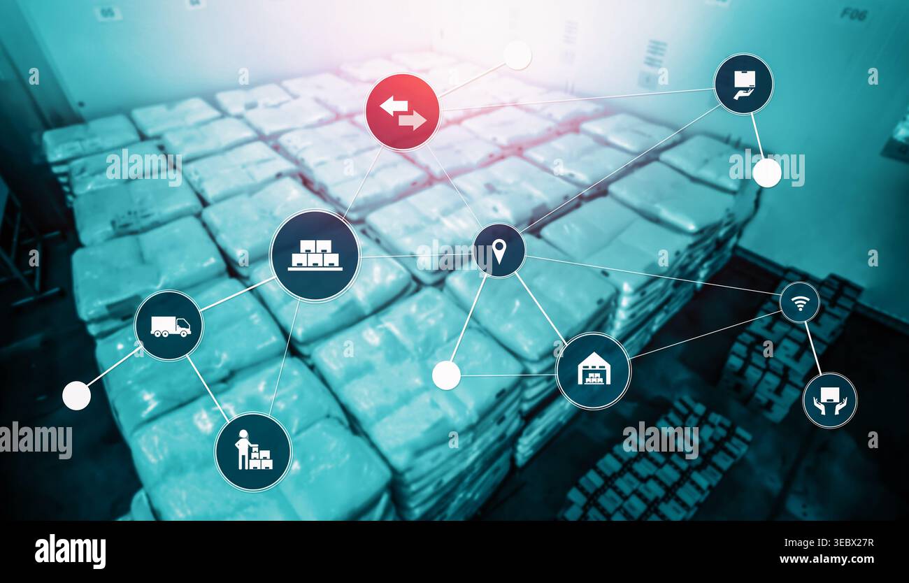 Sistema di gestione intelligente del magazzino con tecnologia innovativa dell'Internet delle cose per identificare il prelievo e la consegna delle confezioni . Futuro concetto di fornitura Foto Stock