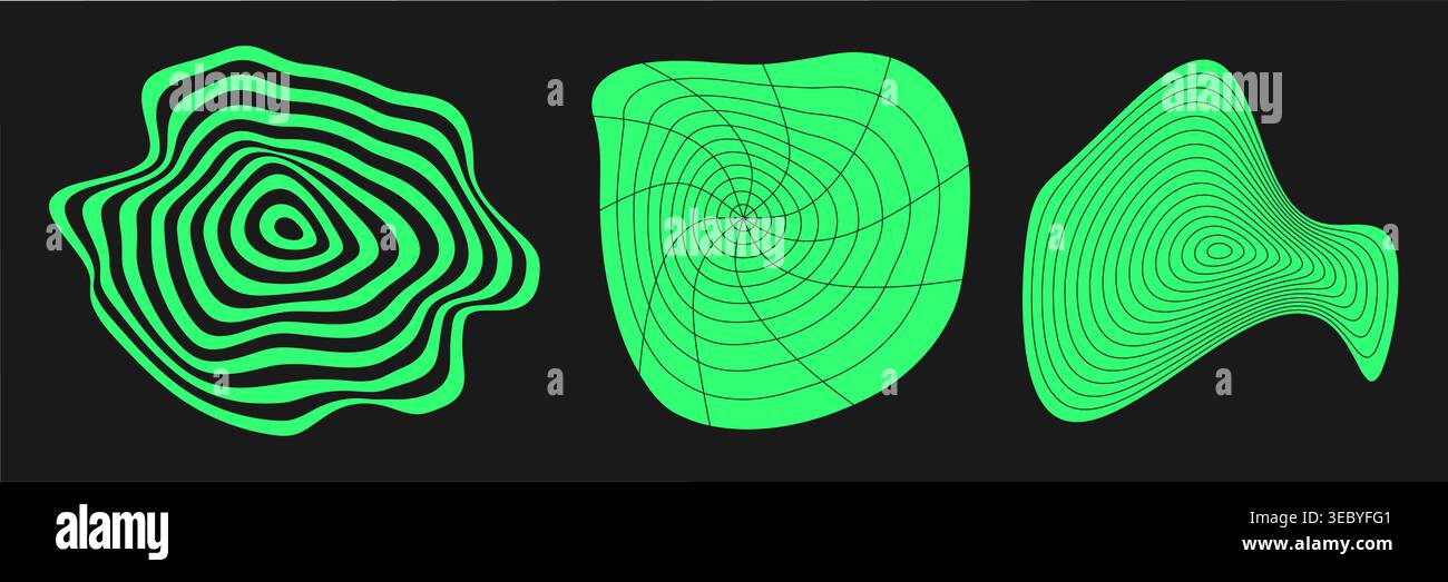 Set di cyber griglie distorte. Elemento geometrico cyberpunk stile y2k. Mesh verde isolata su sfondo nero. Illustrazione vettoriale. Illustrazione Vettoriale