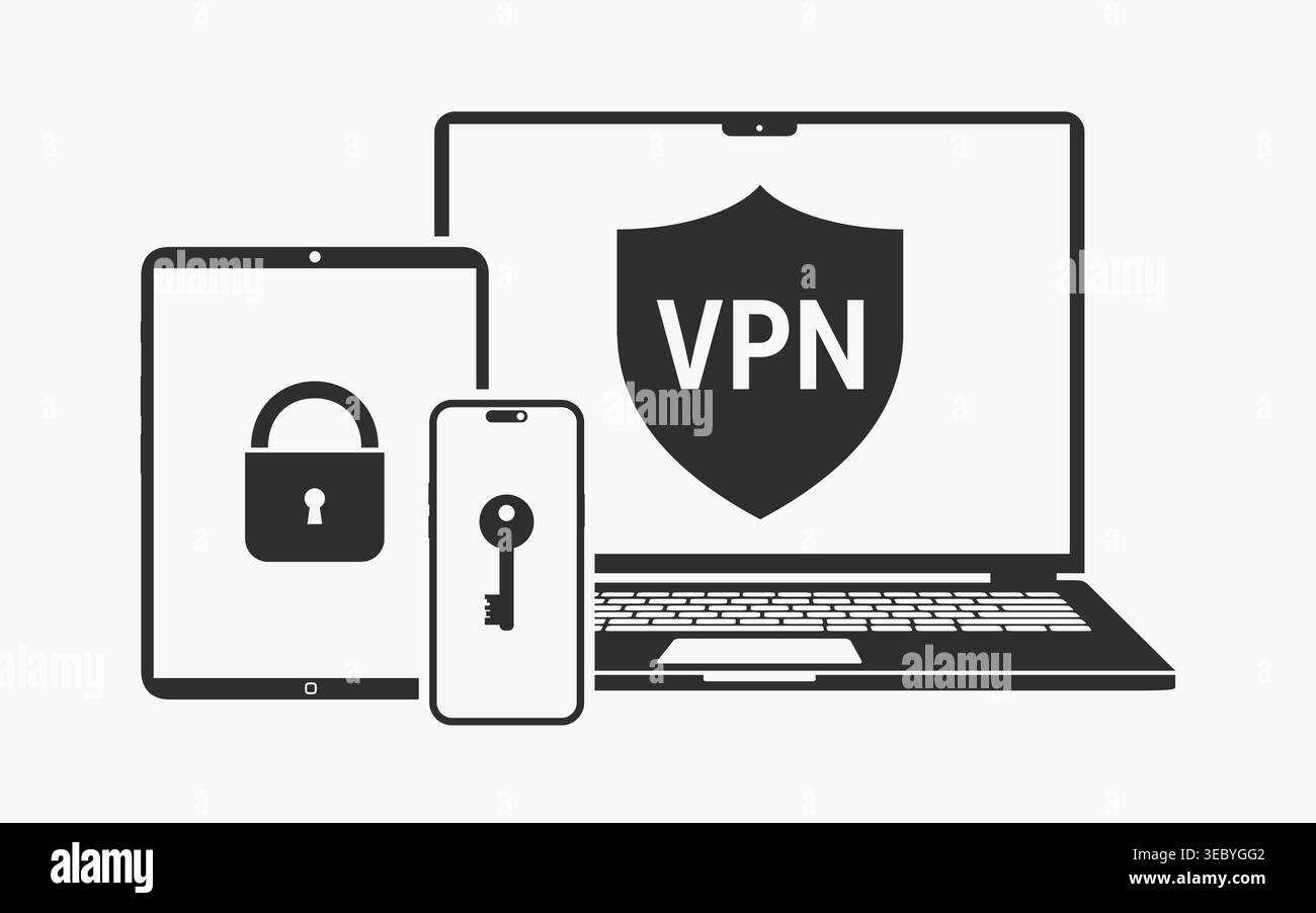 Attivazione dell'icona Virtual Private Network (rete privata virtuale). I dispositivi visualizzano l'autenticazione a più fattori e si connettono al sistema VPN. Illustrazione vettoriale. Illustrazione Vettoriale