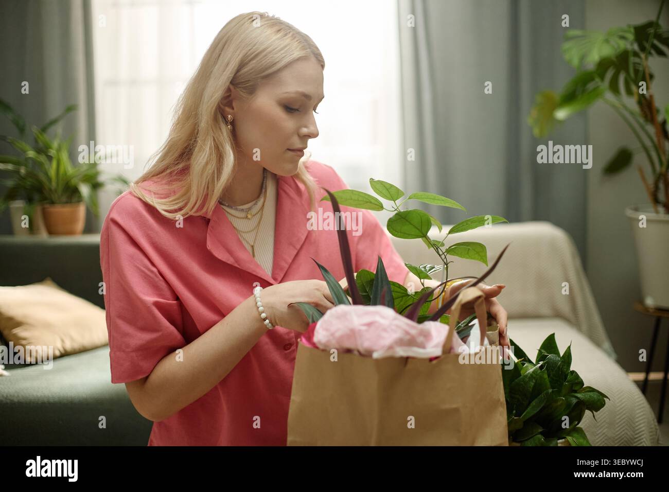Donna adulta che disimballa Houseplants per fare shopping nell'arredamento Foto Stock