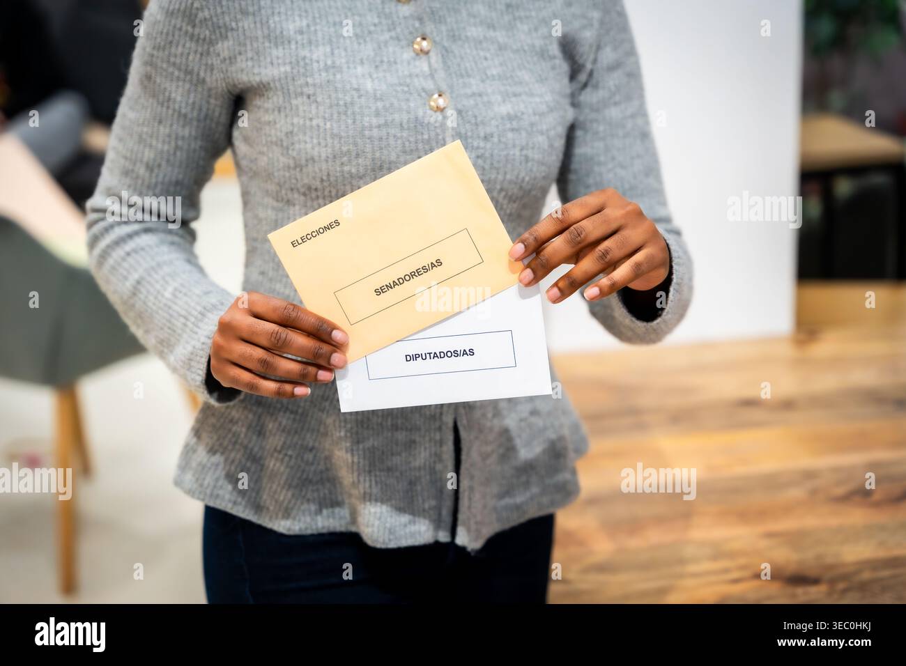 Persona che tiene le schede elettorali per senatori e deputati Foto Stock