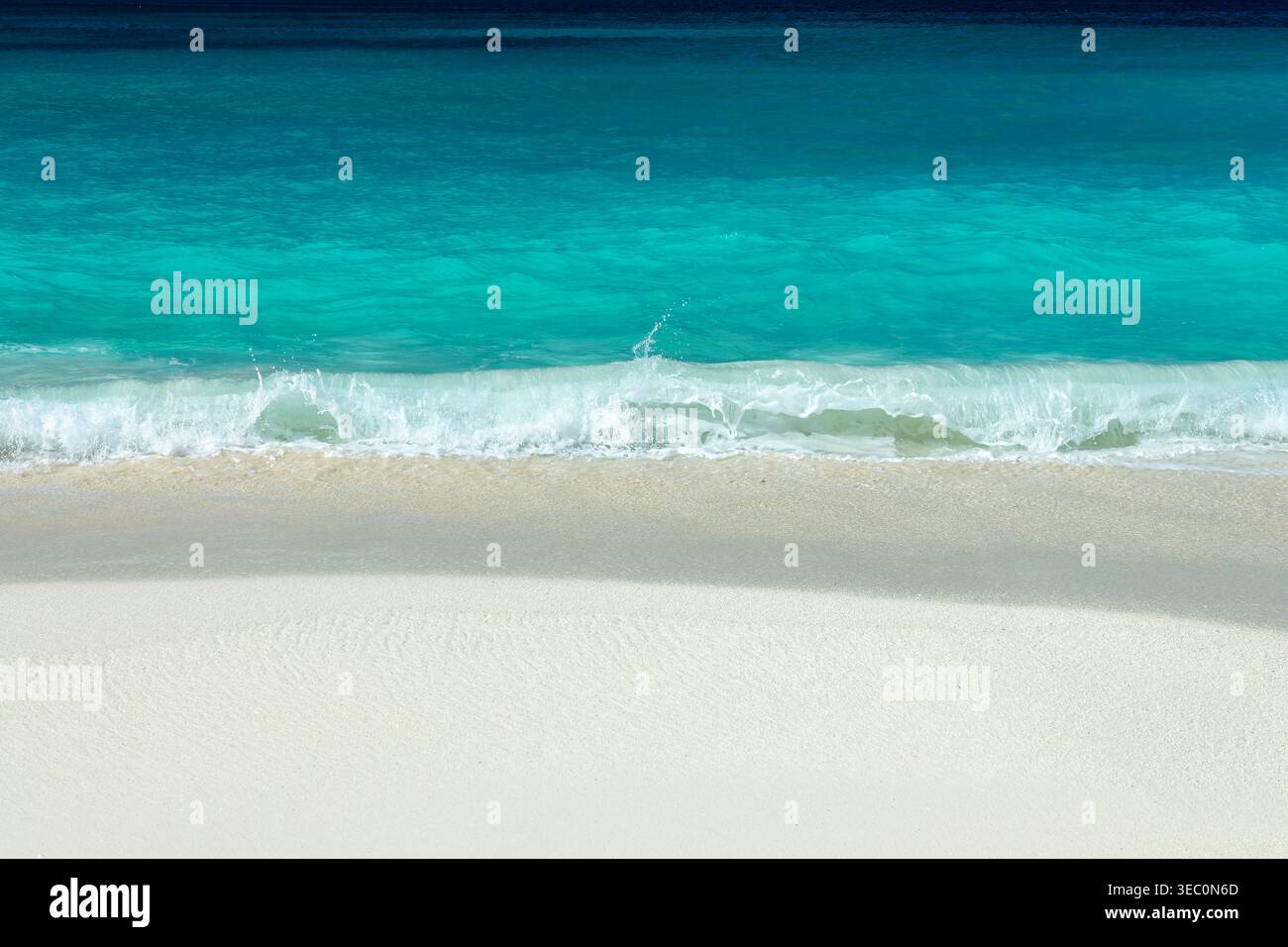 Vista frontale dell'acqua blu trasparente e della sabbia bianca perfetta nella spiaggia di Shoal Bay, sfondo da sogno caraibico nell'isola di Anguilla, nelle Indie occidentali britanniche Foto Stock