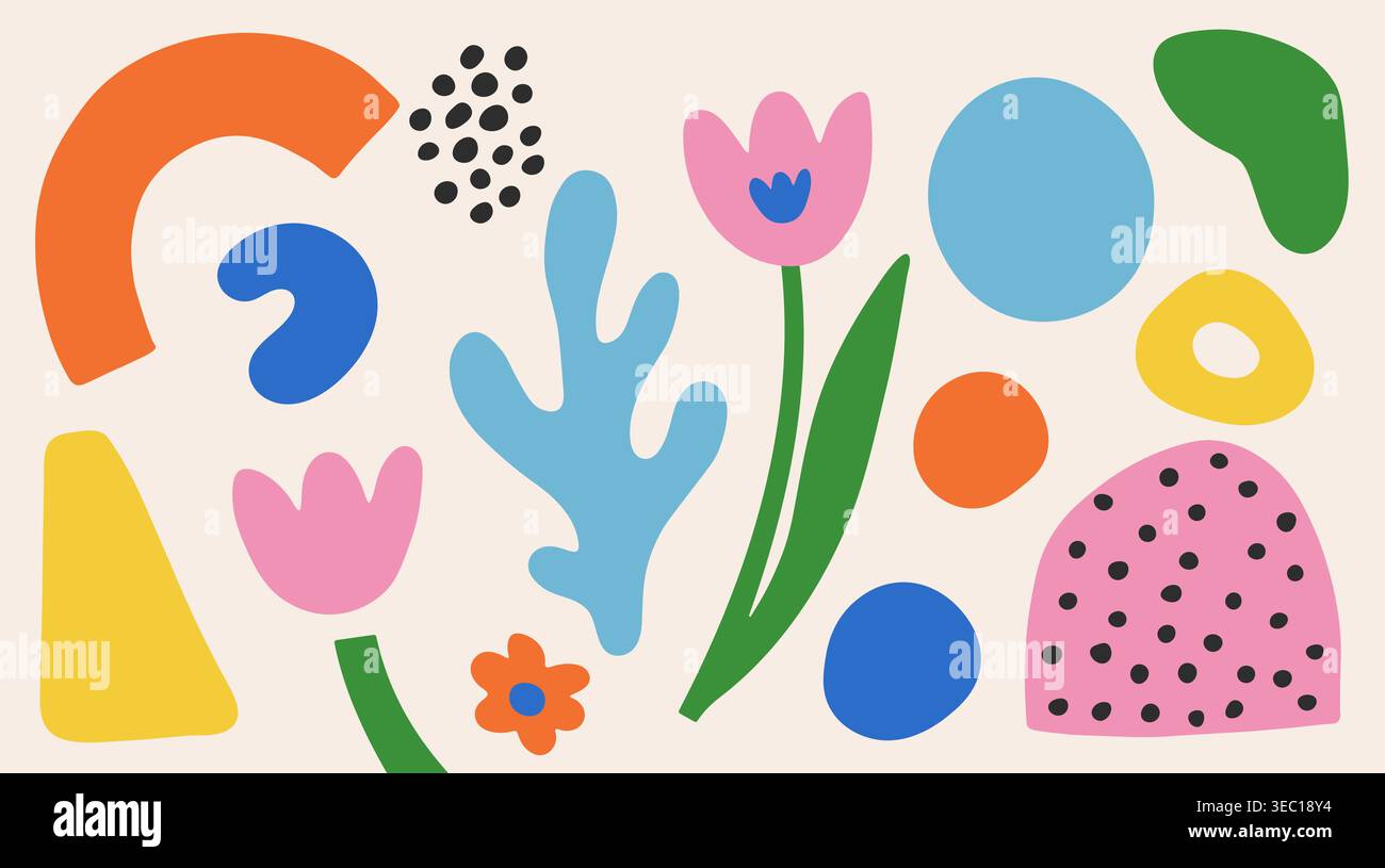 Sfondo floreale astratto colorato con forme organiche. Stile Matisse Illustrazione Vettoriale