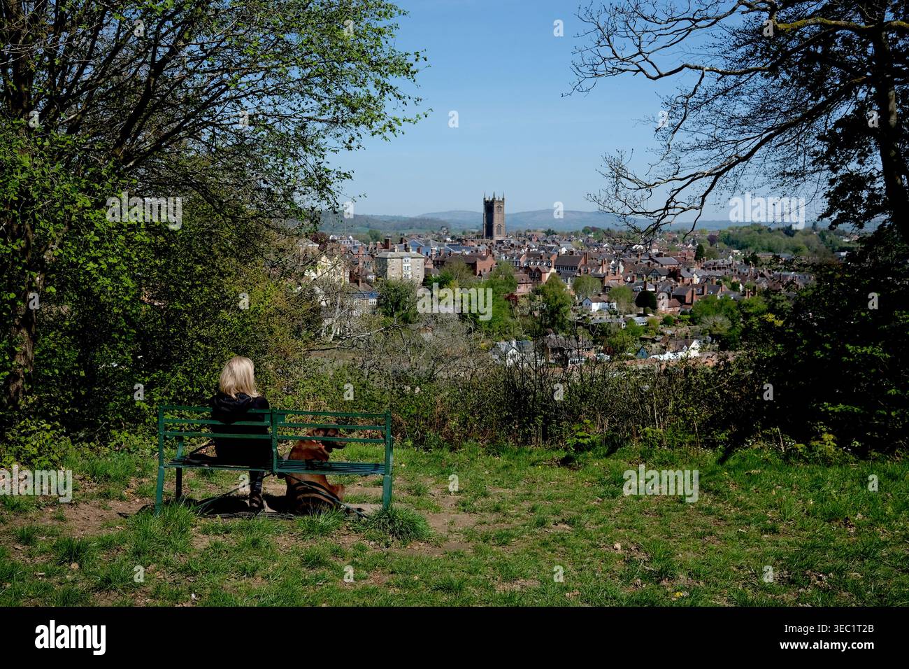 La città mercato inglese di Ludlow, nello Shropshire, dalla Whitcliffe Common Nature Reserve. Foto Stock