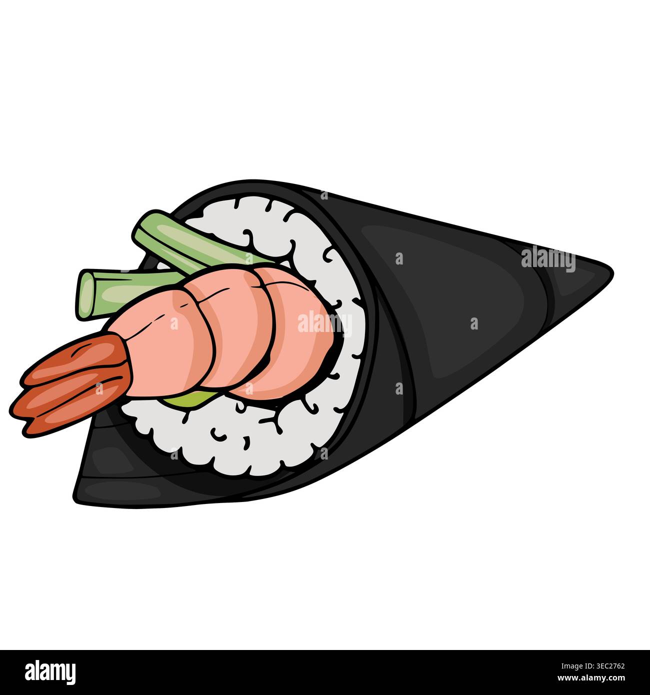 Illustrazione vettoriale disegnata a mano di un temaki sushi roll con gamberi e cipolla verde Illustrazione Vettoriale